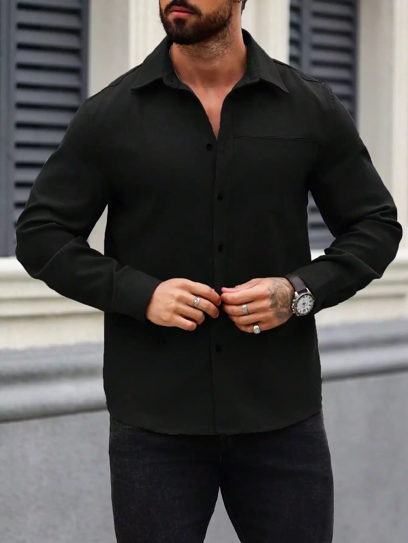 Men Spring And Summer Solid Color Loose Casual Long-Sleeved Shirt Black Color