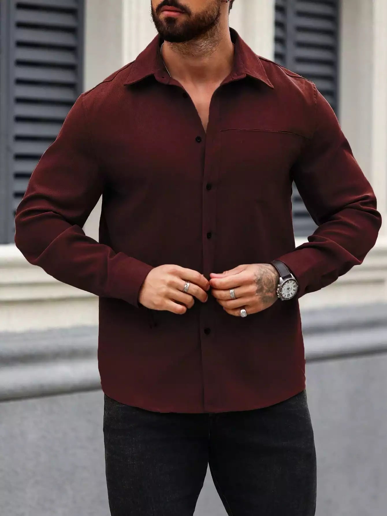Men Spring And Summer Solid Color Loose Casual Long-Sleeved Shirt Burgundy Color