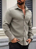 Men Spring And Summer Solid Color Loose Casual Long-Sleeved Shirt Grey Color