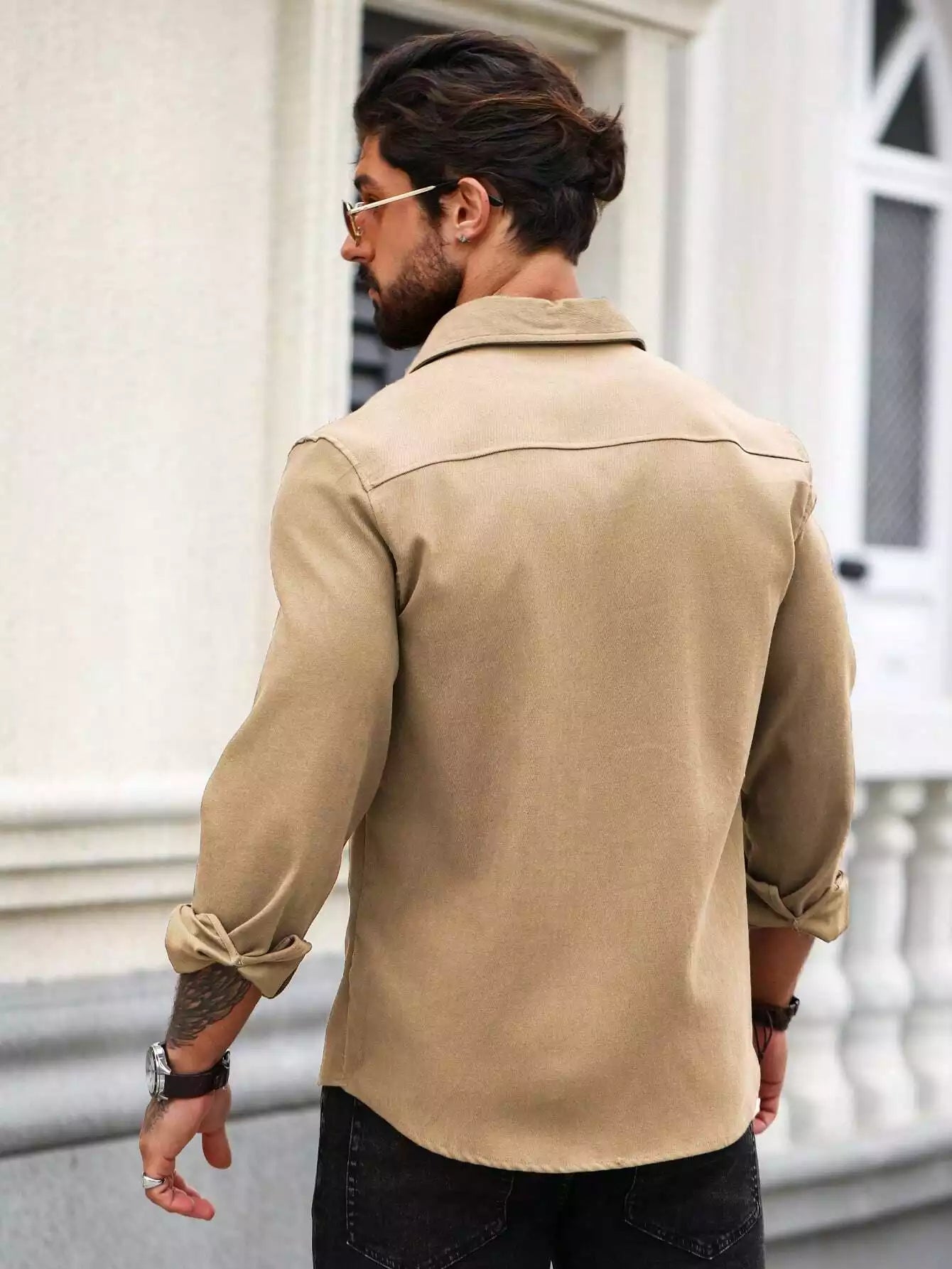 Men Spring And Summer Solid Color Loose Casual Long-Sleeved Shirt Khaki Color