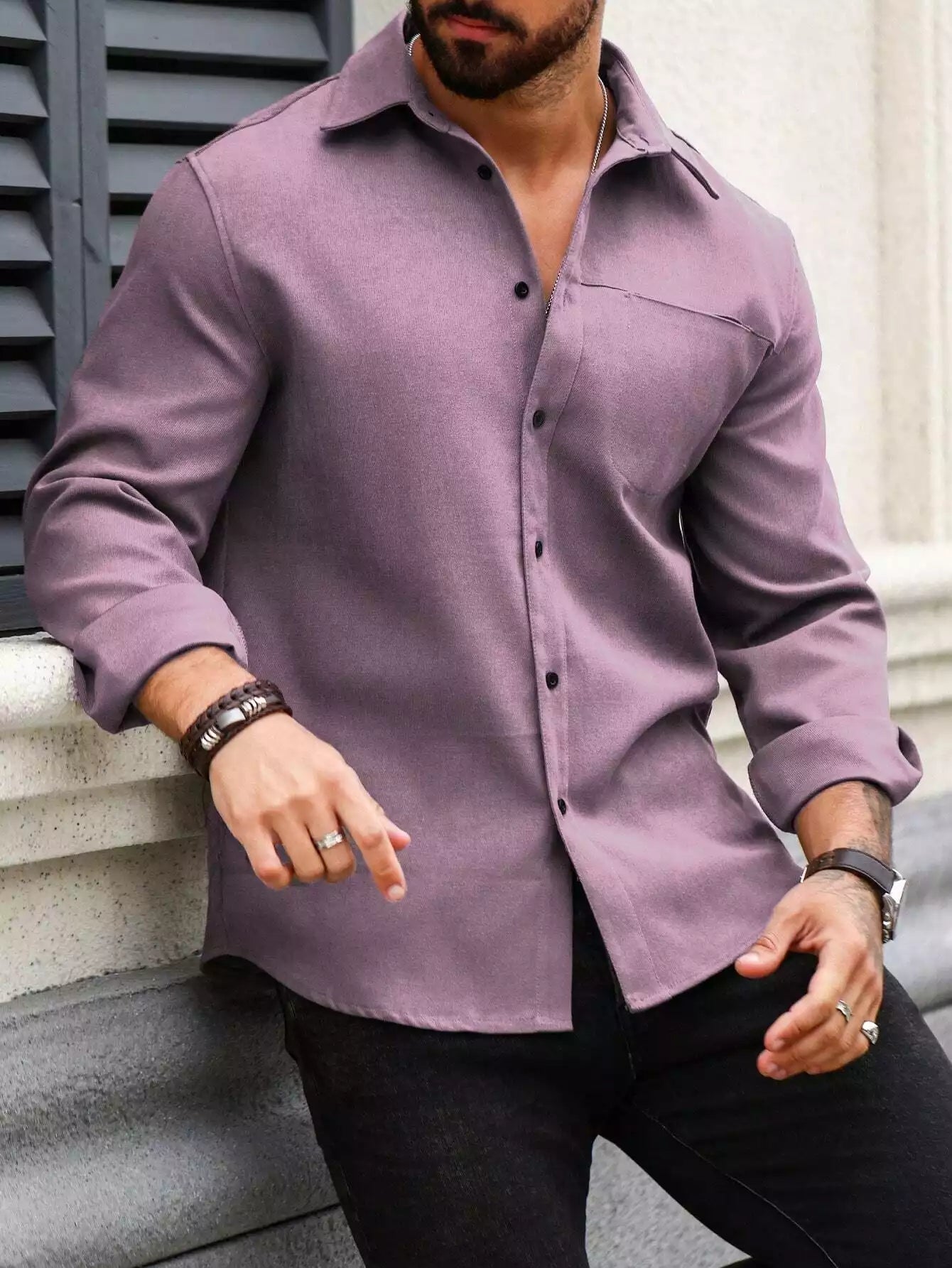 Men Spring And Summer Solid Color Loose Casual Long-Sleeved Shirt Purple Color