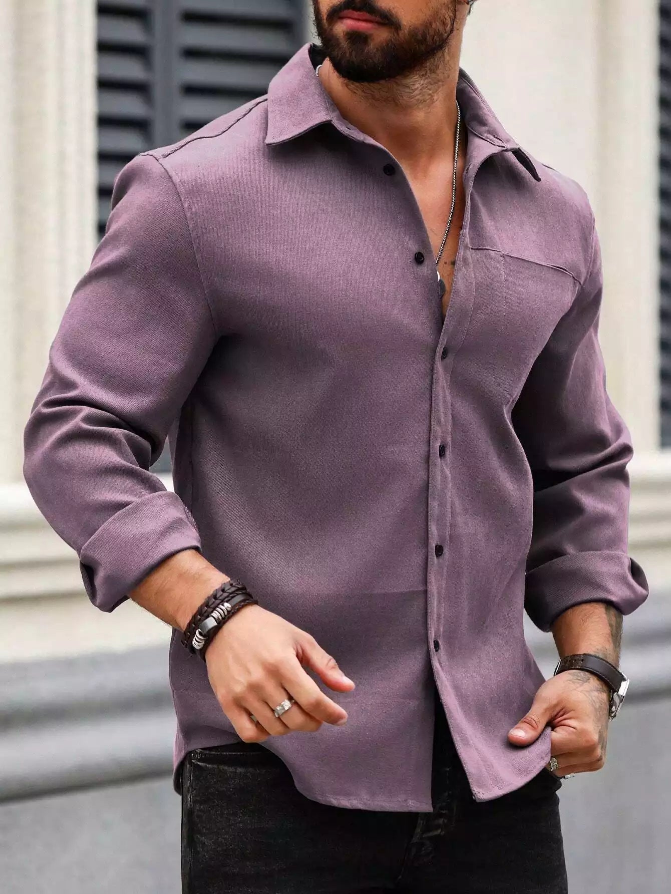 Men Spring And Summer Solid Color Loose Casual Long-Sleeved Shirt Purple Color