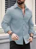 Men Spring And Summer Solid Color Loose Casual Long-Sleeved Shirt Sky Blue Color
